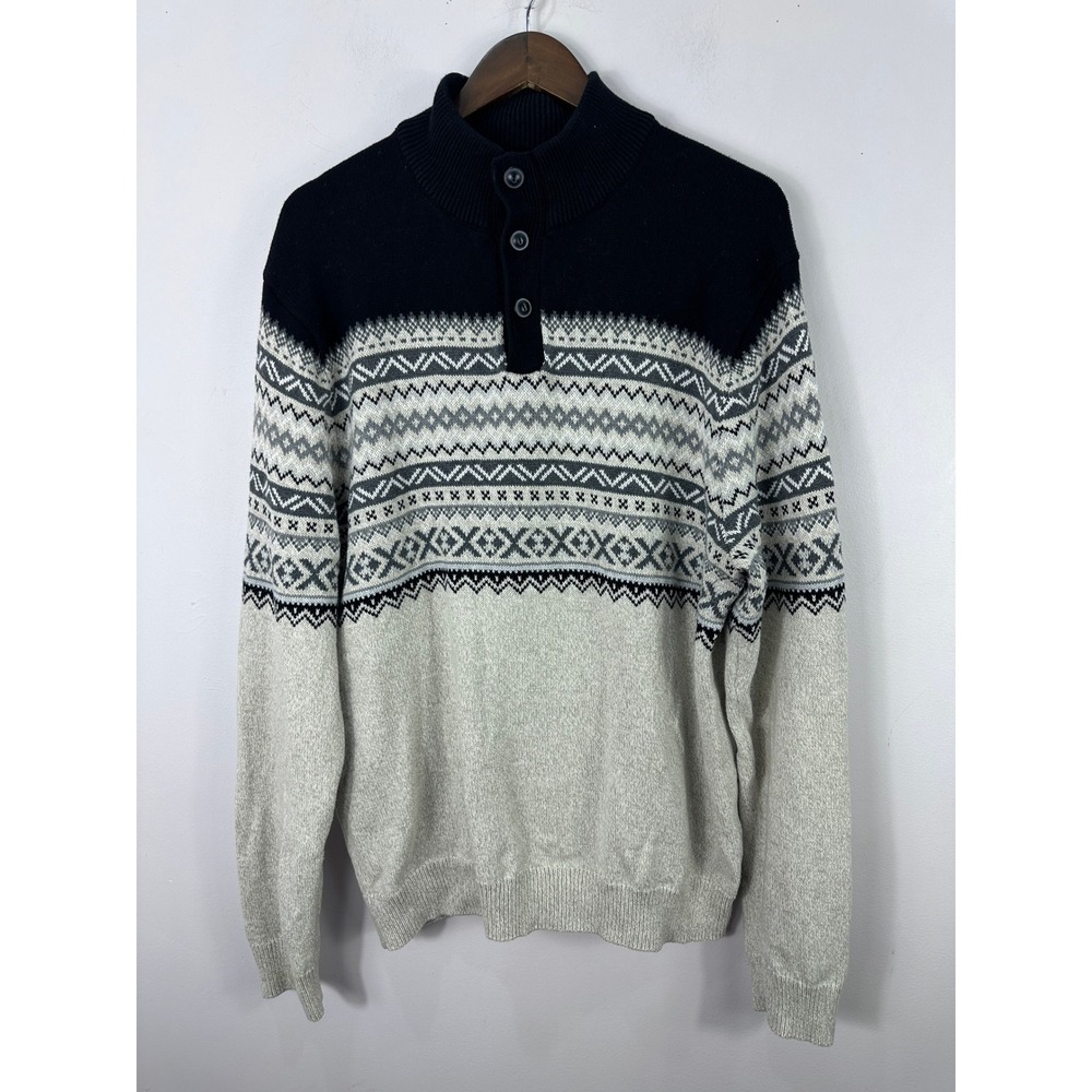 Chaps Sweater Mens Large Black Grey Fair Isle Mock Neck Cotton Pullover Knit